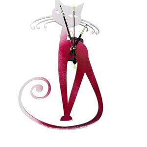 Modern Cat Wall Clock, Burgundy and Silver, Decorative Metal Cat Silhouette Desi